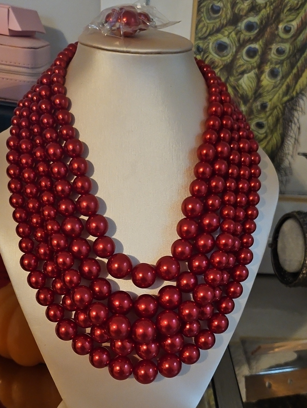 Red Multi-Strand Beaded Statement Necklace - Women Jewelry